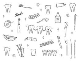 Zahnheilkunde einstellen von Gekritzel Symbole. Illustration von Elemente zum das Behandlung und Pflege von Zähne. Zahnarzt Werkzeug. Zähne mit Emotionen. vektor