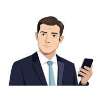 Porträt von ein Geschäft Mann halten ein Handy im ein Büro, eben Illustration vektor
