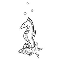 marin sammansättning av söt sjöhäst, sjöstjärna och snäckskal. hand dragen isolerat illustration. grafisk sommar hav skiss, linje konst. vektor