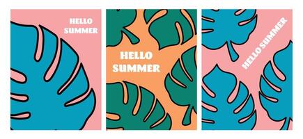 Hallo Sommer- Poster einstellen mit Monstera Blätter. modern Illustration im retro Stil vektor