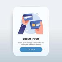 hand innehav kreditera kort. betalning begrepp app skärm. modern skärm mall mobil app. vektor