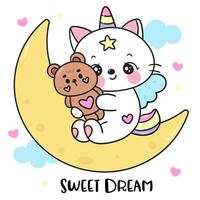 söt katt enhörning älskare kram teddy Björn på måne ljuv dröm fe- berättelser vektor
