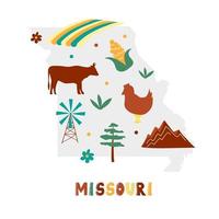 USA-Kartensammlung. Staatssymbole auf grauer Staatssilhouette - Missouri vektor