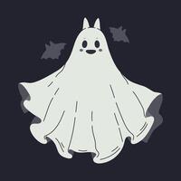 spöke med fladdermöss. hand dragen glad halloween spöke, läskigt flygande Spöke platt illustration. söt halloween spöke karaktär vektor