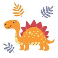 charmig illustration av en söt orange dinosaurie i en platt stil. vänlig och lekfull design är idealisk för barns böcker, t-shirt, barnkammare dekor, hälsning kort, fest inbjudningar vektor
