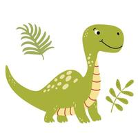 charmig illustration av en söt grön dinosaurie i en platt stil. vänlig och lekfull design är idealisk för barns böcker, t-shirt, barnkammare dekor, hälsning kort, fest inbjudningar vektor