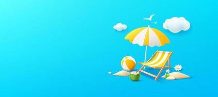 Sommer- Urlaub Banner, Strand Regenschirm, Strand Bett, Kokosnuss Frucht, Stapel von Sand, Design auf Blau Hintergrund vektor