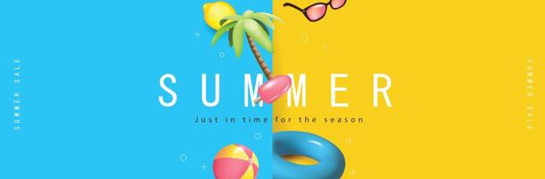 bunt Sommer- Verkauf Beförderung Banner mit Sommer- tropisch Strand Stimmung Dekoration Hintergrund vektor