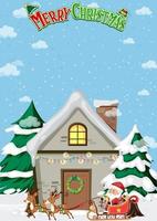 god jul affisch med tomten och renar framför ett hus vektor