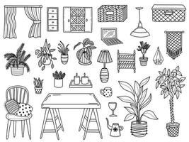 Kreative Doodle-Bilder von Stuhl und Tisch mit verschiedenen Pflanzen in Töpfen und verschiedenen Wohndekorationen vektor