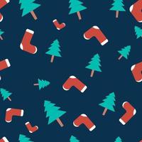 Weihnachts-Wiederholungsmuster mit Socken und Weihnachtsbaum auf dunkelgrünblauem Hintergrund, handgezeichnetes Vektormuster für Textilien, Geschenkpapier, Stoff, Webhintergrund und Verpackung. vektor