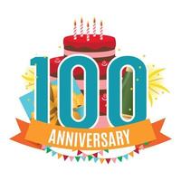 Vorlage 100 Jahre Jubiläumsglückwünsche, Grußkarte mit Kuchen, Geschenkbox, Feuerwerk und Bandeinladungsvektorillustration vektor
