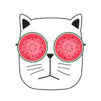 süße handgezeichnete katze mit wassermelone sonnenbrille vektorillustration vektor