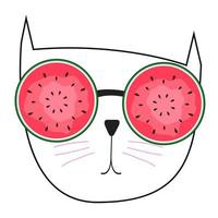 süße handgezeichnete katze mit wassermelone sonnenbrille vektorillustration vektor