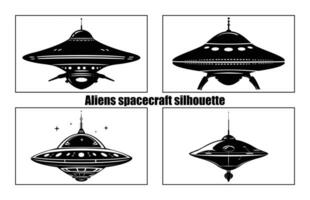 UFO utomjording rymdskepp svart silhuett samling, enkel utomjording fartyg symbol, Plats flygande fat. vektor