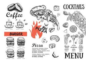 Pizza Essen Speisekarte, Restaurant, Cafe, Vorlage Design. Hand gezeichnet Illustrationen, Essen Flyer. vektor