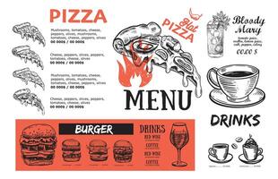 Pizza Essen Speisekarte, Restaurant, Cafe, Vorlage Design. Hand gezeichnet Illustrationen, Essen Flyer. vektor