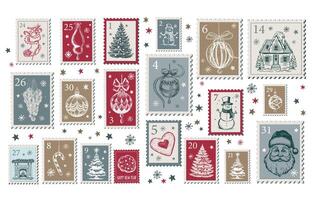 Advent Kalender, Weihnachten Briefmarken, Post, Postkarte Hand gezeichnet Illustrationen. vektor