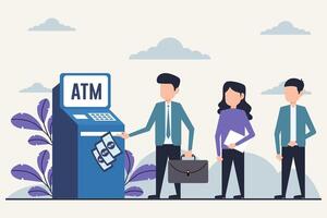 Bankomat transaktion, företag yrkesverksamma använder sig av automatiserad kassör maskin illustration vektor