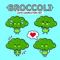 rolig söt Lycklig broccoli tecken bunt uppsättning. hand dragen klotter stil tecknad serie karaktär illustration. isolerat på blå bakgrund. broccoli maskot karaktär samling vektor