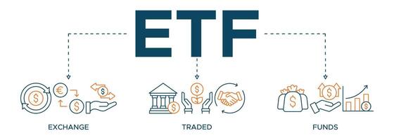 etf Banner Netz Symbol Illustration Konzept Austausch gehandelt Mittel Lager Markt Investition mit Symbol von Geld, Kasse Fluss, Handel, Transaktion, Bank, Buchhaltung, und Wachstum vektor