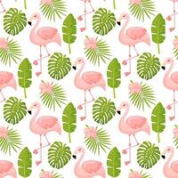 schön nahtlos Blumen- Sommer- Muster Hintergrund mit tropisch Palme Blätter, Flamingo, Hibiskus. perfekt zum Tapeten, Netz Seite Hintergründe, Oberfläche Texturen, Textil. vektor