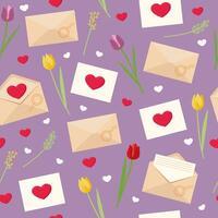 sömlös kuvert med hjärtan och blommor mönster. hjärtans dag bakgrund. hjärtan, brev, kuvert. vektor