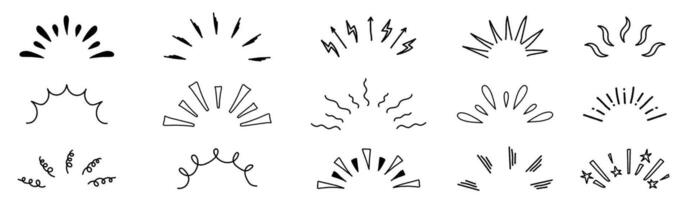 einstellen von Hand gezeichnet scheinen Sunburst funkeln Strahl Elemente. runden Ecke scheinen. Sunburst funkeln Element. Überraschung Linie Rahmen zum Titel Überschrift Illustration. Tinte oder Holzkohle Grafik Elemente. vektor