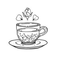 Tasse von Tee mit Rose. Hand gezeichnet Illustration im Gliederung Stil. vektor