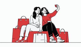 en rena och modern platt design illustration av två flickor Sammanträde med några handla påsar och tar selfie. vektor