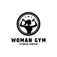 kvinna Gym tränare silhuett logotyp design begrepp med hantlar vektor
