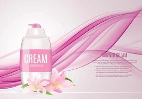 Design-Kosmetikproduktvorlage für Anzeigen oder Zeitschriftenhintergrund. Dusch Creme. 3D realistische Vektorillustration vektor