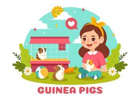 Guinea Schwein Illustration mit verschiedene Hamster Rassen im Grün Felder im ein eben süß Kinder Karikatur Stil Hintergrund Design vektor