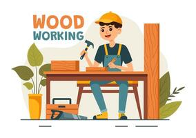 Holzbearbeitung Illustration mit modern Handwerker und Arbeitskräfte produzieren Möbel mit Werkzeug, vorgestellt im ein eben Karikatur Stil Hintergrund vektor