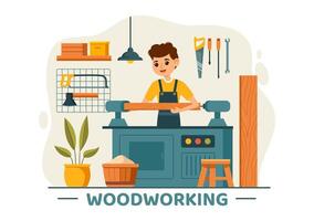 Holzbearbeitung Illustration mit modern Handwerker und Arbeitskräfte produzieren Möbel mit Werkzeug, vorgestellt im ein eben Karikatur Stil Hintergrund vektor