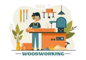 träbearbetning illustration terar modern hantverkare och arbetare producerar möbel använder sig av verktyg, presenteras i en platt tecknad serie stil bakgrund vektor