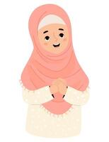 söt islamic flicka barn i hijab. festlig Lycklig muslim etnisk karaktär barn. illustration i tecknad serie platt stil vektor