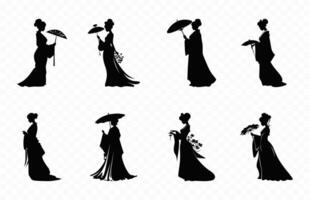 Geisha Silhouette Clip Art Satz, japanisch Geisha schwarz Silhouette bündeln vektor