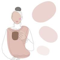 flicka i mysigt Tröja med hår bunden upp i bulle med kaffe kopp och fläckar i boho stil kopia Plats vektor