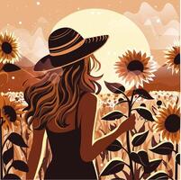 Rückansicht Silhouette von ein blond Frau mit ein Hut im ein Sonnenblume Feld pflücken Sonnenblumen. jung Mädchen während Sommer- während golden Stunde Landschaft umgeben durch Blumen vektor