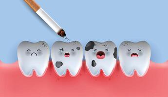 Zähne Gefühl Schlecht mit Rauch Problem. Gefahren von Rauchen. Zigarette brennt aus und tötet das Zähne. speichern Ihre Zähne Auswirkungen Dental Gesundheit. Design. vektor
