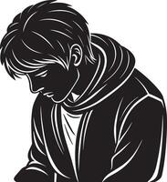 traurig Mann Sitzung Illustration schwarz und weiß Silhouette vektor