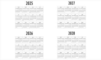 2025, 2026, 2027, 2028 Kalender vektor