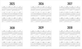 2025, 2026, 2027, 2028, 2029, 2030 Kalender vektor