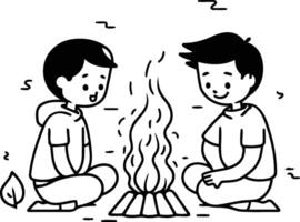 Illustration von zwei Jungs Sitzung durch das Lagerfeuer und Erwärmen Hände. vektor