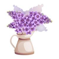 lila Blumen Strauß im Jahrgang Beige Vase Illustration im lila und violett Farben. zum Blumen- Geäst im Krug Designs und Frühling Drucke. detailliert Karikatur Zeichnung vektor