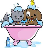 süß Karikatur Hund und Katze im ein Bad Wanne nehmen ein Blase Bad. Hündchen und Kitty Haustiere beim das Pflege Salon. vektor