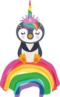 süß Einhorn Pinguin Sitzung auf Regenbogen vektor