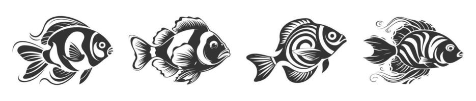 clown fisk silhuett uppsättning, svart och vit design, genererad ai vektor