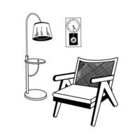 Illustration. Jahrgang Innere mit ein Sessel, Fußboden Lampe und Uhr. Zimmer Design Hand gezeichnet im im schwarz. geeignet zum Drucken auf Stoff, Papier, Innere Skizzen vektor